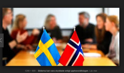 Mötesdeltagare runt ett bord med en svensk och norsk flagga